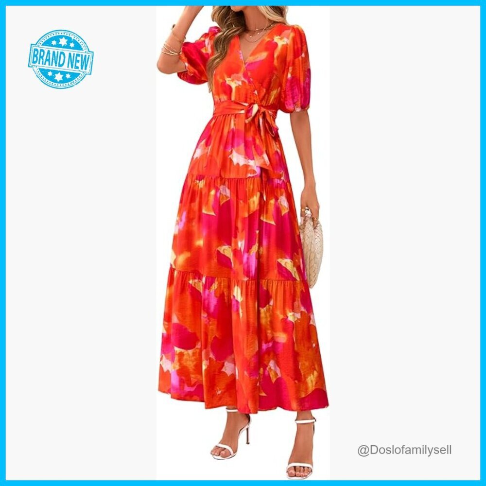 Boho Floral Maxi Dress V-Neck Puff Sleeve Ruffle Flowy Beach Resort Wear